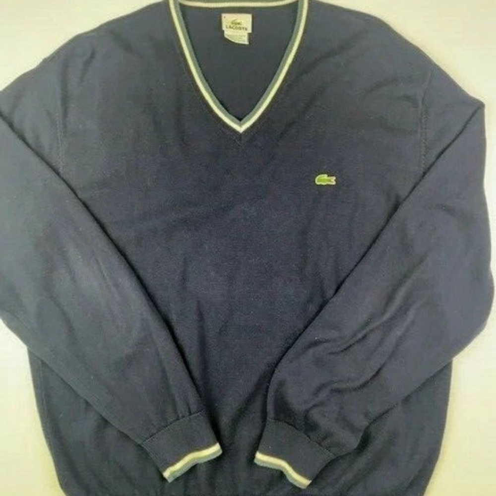 LACOSTE Mens V Neck Cotton Pullover Sweater Size 6 Navy - Picture 2 of 8